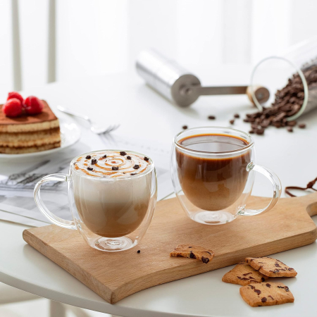 Pahar cu perete dublu cu maner 150 ml, din sticla borosilicata premium termorezistenta, design modern, cana transparent cafea, cappuccino, ceai, suport din pluta inclus, transparent [1]
