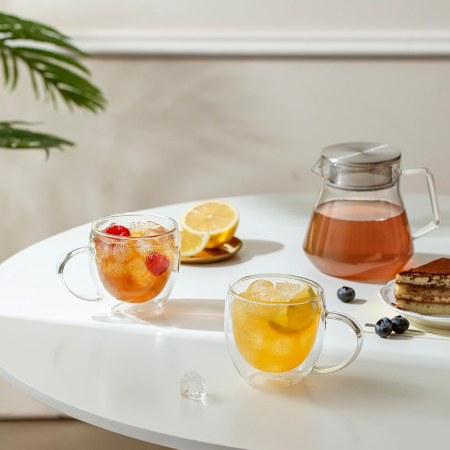 Pahar cu perete dublu cu maner 150 ml, din sticla borosilicata premium termorezistenta, design modern, cana transparent cafea, cappuccino, ceai, suport din pluta inclus, transparent [8]