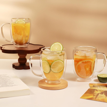 Pahar cu perete dublu cu maner 150 ml, din sticla borosilicata premium termorezistenta, design modern, cana transparent cafea, cappuccino, ceai, suport din pluta inclus, transparent [7]