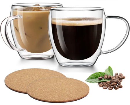 Toate produsele - Pahar cu perete dublu cu maner 150 ml, din sticla borosilicata premium termorezistenta, design modern, cana transparent cafea, cappuccino, ceai, suport din pluta inclus, transparent