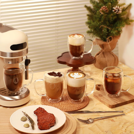 Pahar cu perete dublu cu maner 150 ml, din sticla borosilicata premium termorezistenta, design modern, cana transparent cafea, cappuccino, ceai, suport din pluta inclus, transparent [10]