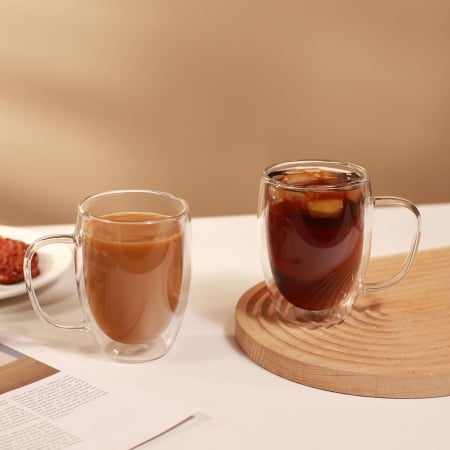 Pahar cu perete dublu cu maner 150 ml, din sticla borosilicata premium termorezistenta, design modern, cana transparent cafea, cappuccino, ceai, suport din pluta inclus, transparent [5]