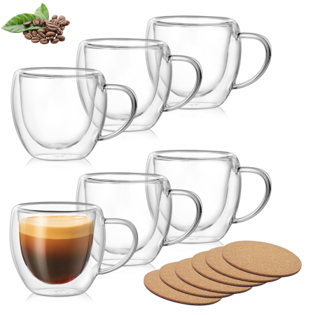 Toate produsele - Pahar cu perete dublu cu maner 150 ml, din sticla borosilicata premium termorezistenta, design modern, cana transparent cafea, cappuccino, ceai, suport din pluta inclus, transparent