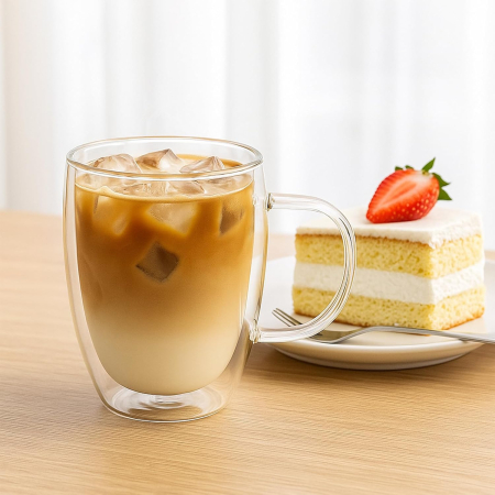 Pahar cu perete dublu cu maner 150 ml, din sticla borosilicata premium termorezistenta, design modern, cana transparent cafea, cappuccino, ceai, suport din pluta inclus, transparent [8]