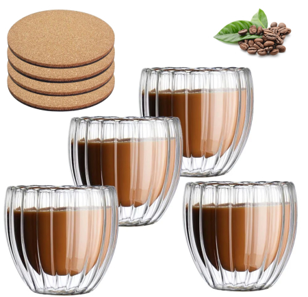 Accesorii bucatarie - pahar striat 250 ml sticla borosilicata cana cafea ceai termorezistent