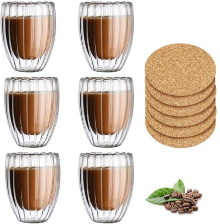 Accesorii bucatarie - Pahar perete dublu 250 ml, cu striatii, din sticla borosilicata premium termorezistenta, design modern, cana transparent cafea, cappuccino, ceai, suport de pluta inclus, transparent - Copie