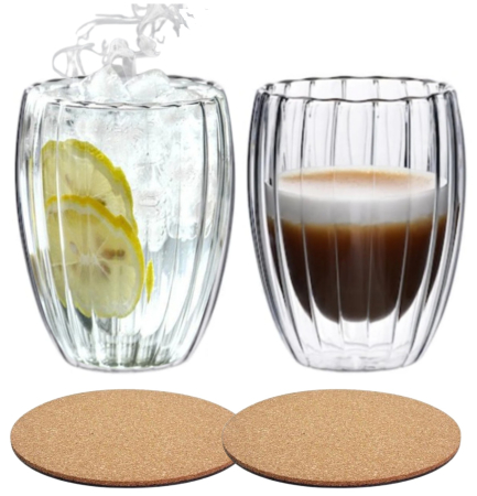 Accesorii bucatarie - Pahar perete dublu 250 ml, cu striatii, din sticla borosilicata premium termorezistenta, design modern, cana transparent cafea, cappuccino, ceai, suport de pluta inclus, transparent - Copie
