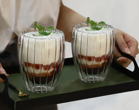 Pahar perete dublu 250 ml, cu striatii, din sticla borosilicata premium termorezistenta, design modern, cana transparent cafea, cappuccino, ceai, suport de pluta inclus, transparent - Copie [9]