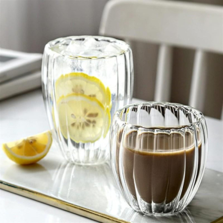 Pahar perete dublu 250 ml, cu striatii, din sticla borosilicata premium termorezistenta, design modern, cana transparent cafea, cappuccino, ceai, suport de pluta inclus, transparent - Copie [4]