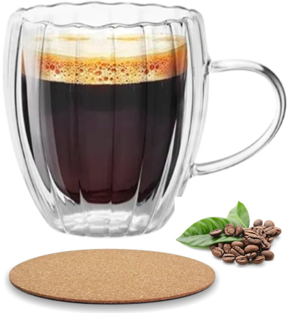 Lichidare de stoc - Pahar perete dublu cu maner 250 ml, cu striatii, din sticla borosilicata premium termorezistenta, design modern, cana transparent cafea, cappuccino, ceai, suport de pluta inclus, transparent
