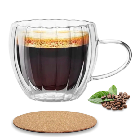 Toate produsele - Pahar perete dublu cu maner 250 ml, cu striatii, din sticla borosilicata premium termorezistenta, design modern, cana transparent cafea, cappuccino, ceai, suport de pluta inclus, transparent