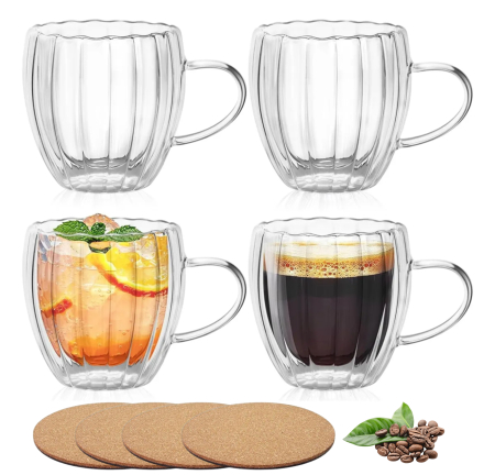 Toate produsele - Pahar perete dublu cu maner 250 ml, cu striatii, din sticla borosilicata premium termorezistenta, design modern, cana transparent cafea, cappuccino, ceai, suport de pluta inclus, transparent