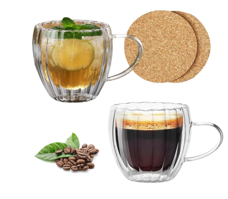 Lichidare de stoc - Pahar perete dublu cu maner 250 ml, cu striatii, din sticla borosilicata premium termorezistenta, design modern, cana transparent cafea, cappuccino, ceai, suport de pluta inclus, transparent