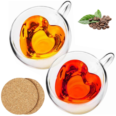 Accesorii bucatarie - Pahar perete dublu cu maner, forma de inima, 240 ml, sticla borosilicata premium termorezistenta, design modern transparent, cana heart shape pentru cafea si ceai, rezistenta, include suport din pluta