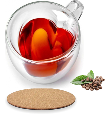 Accesorii bucatarie - Pahar perete dublu cu maner, forma de inima, 240 ml, sticla borosilicata premium termorezistenta, design modern transparent, cana heart shape pentru cafea si ceai, rezistenta, include suport din pluta