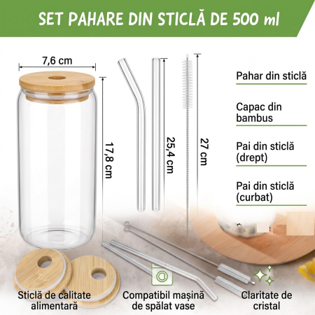 Pahar sticla 500 ml cu capac bambus, pai si suport pluta [16]