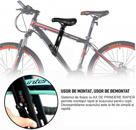 Scaun copil pentru bicicleta cu montaj pe cadru, 2-5 ani, capacitate 32 kg, cu suport pentru picioare, cu ghidon auxiliar pentru copil, negru [8]