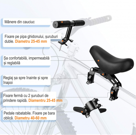Scaun copil pentru bicicleta cu montaj pe cadru cu ghidon auxiliar pentru copil, varsta 2-5 ani, capacitate 22 kg, cu suport pentru picioare, negru [1]