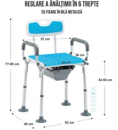 Scaun cu WC de camera, din otel si aluminiu, cu suport hartie igienica, toaleta mobila cu inaltime reglabila, 2x vase de colectare [1]