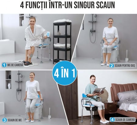 Scaun cu WC de camera, din otel si aluminiu, cu suport hartie igienica, toaleta mobila cu inaltime reglabila, 2x vase de colectare [6]