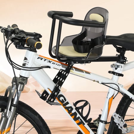 Scaun de copil pentru bicicleta cu prindere pe bara orizontala din fata, centuri de siguranta, sarcina maxima 20 kg, suport picioare, bej [9]