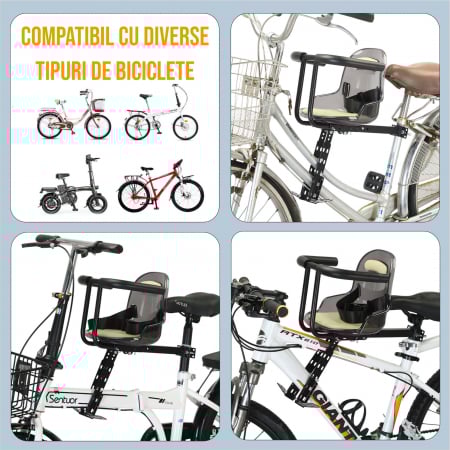 Scaun de copil pentru bicicleta cu prindere pe bara orizontala din fata, centuri de siguranta, sarcina maxima 20 kg, suport picioare, bej [2]