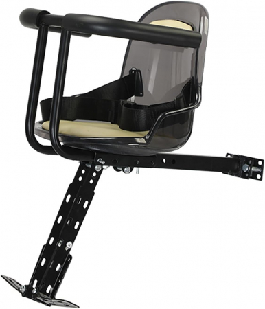 Accesorii bicicleta - Scaun de copil pentru bicicleta cu prindere pe bara orizontala din fata, centuri de siguranta, sarcina maxima 20 kg, suport picioare, bej