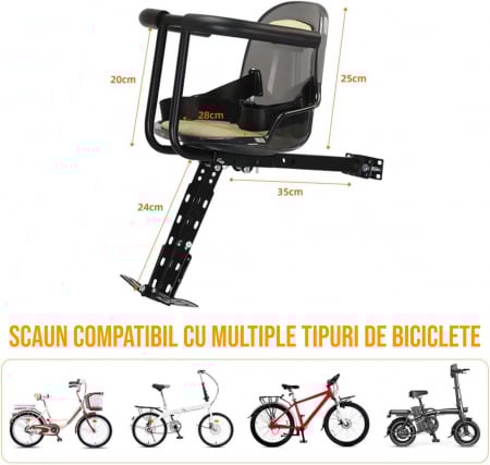 Scaun de copil pentru bicicleta cu prindere pe bara orizontala din fata, centuri de siguranta, sarcina maxima 20 kg, suport picioare, bej [1]