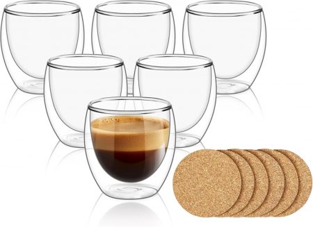 Accesorii bucatarie - Set 2 cani pentru ceai si cafea din sticla termorezistenta transparenta, pereti dubli, 250 ml, include 2 suporturi din pluta pentru pahar