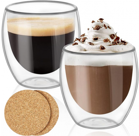 Accesorii bucatarie - Set 2 cani pentru ceai si cafea din sticla termorezistenta transparenta, pereti dubli, 250 ml, include 2 suporturi din pluta pentru pahar