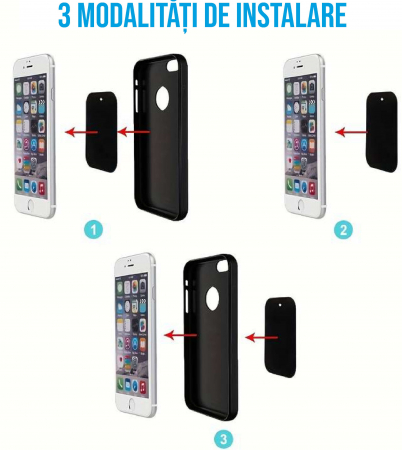 Set 4 placute metalice pentru suport magnetic de telefon, adeziv 3M, dimensiunea 4.5 x 6.5 cm, utilizare universala, negru [7]