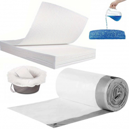 Scaune de WC - Set 20 saci urinari de unica folosinta 67x41 cm cu snur si 20 de absorbanti urinari tip paduri 13x25 cm pentru plosca urinara, toaleta de camera sau scaun WC
