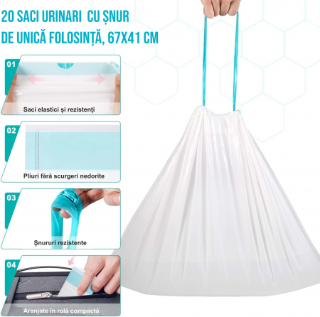 Set 20 saci urinari de unica folosinta 67x41 cm cu snur si 20 de absorbanti urinari tip paduri 13x25 cm pentru plosca urinara, toaleta de camera sau scaun WC [6]