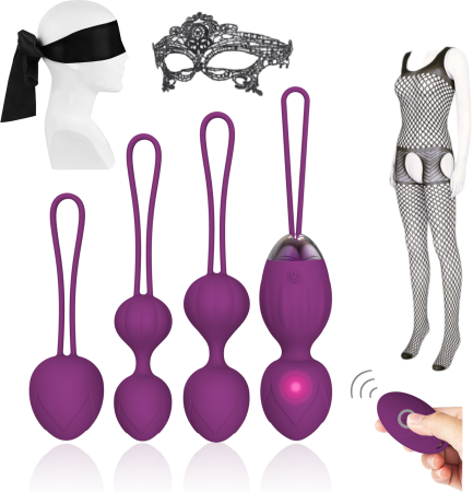 Erotica - Set 4 bile Kegel vaginale din silicon medicinal, cu telecomanda, rezistente la apa, cu masca dantelata, panglica satinata de ochi, lenjerie din plasa elastica incluse