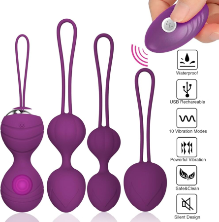 Set 4 bile Kegel vaginale din silicon medicinal, cu telecomanda, rezistente la apa, cu masca dantelata, panglica satinata de ochi, lenjerie din plasa elastica incluse [8]