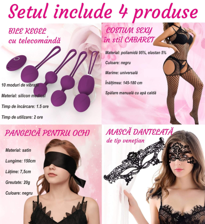Set 4 bile Kegel vaginale din silicon medicinal, cu telecomanda, rezistente la apa, cu masca dantelata, panglica satinata de ochi, lenjerie din plasa elastica incluse [11]