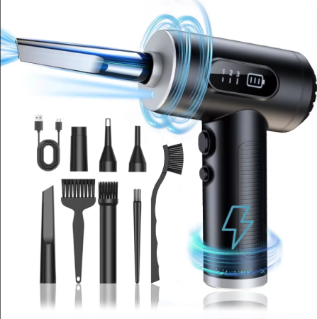 Ventilatoare - Set aspirator portabil cu suflanta aer, reincarcabil USB, 6000mAh, afisaj LED, 3 viteze, 9x capete adaptoare, 2x filtre HEPA, negru