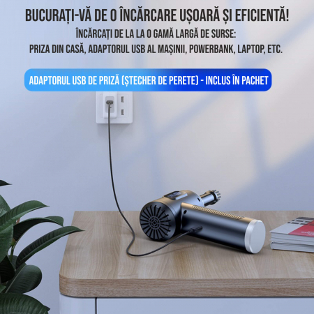 Set aspirator portabil cu suflanta aer, reincarcabil USB, 6000mAh, afisaj LED, 3 viteze, 9x capete adaptoare, 2x filtre HEPA, negru [2]