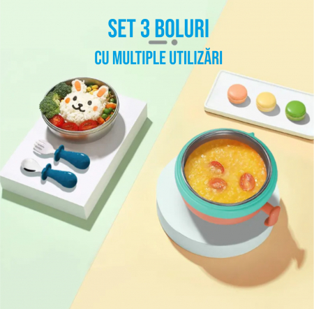 Set caserola pentru hrana copii 3 in 1, 400 ml, din plastic BPA-free si otel inoxidabil 316, bol mutifunctional pentru bebelusi (turcoaz/portocaliu) [6]