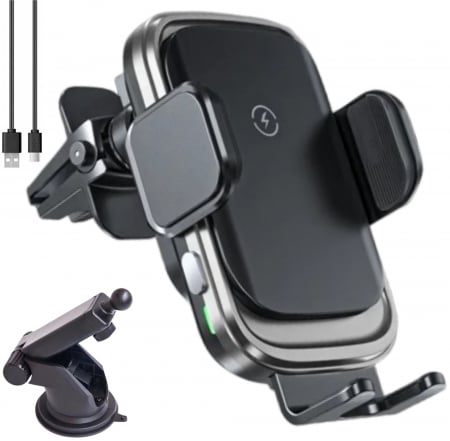 Accesorii auto - Suport auto cu incarcator wireless, Ideas4Comfort, fixare in grila de ventilatie sau ventuza de bord, cu touch sensor, universal Android si iOS, wireless charger incarcare maxim 15W