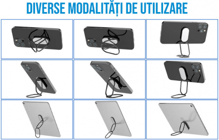 Inel pentru telefon cu suport magnetic, compact, cu functia stand de birou si agatatoare, adeziv 3M, rotativ 360⁰, universal, negru/argintiu/roz [3]