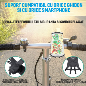 Suport telefon universal pentru bicicleta, din silicon, rotativ 360⁰, montaj pe ghidon, compatibil bicicleta, carut, trotineta, scuter, negru [6]