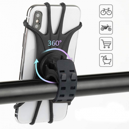 Suport telefon universal pentru bicicleta, din silicon, rotativ 360⁰, montaj pe ghidon, compatibil bicicleta, carut, trotineta, scuter, negru [1]