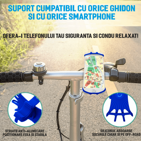 Suport telefon universal pentru bicicleta, din silicon, rotativ 360⁰, montaj pe ghidon, compatibil bicicleta, carut, trotineta, scuter, negru [5]