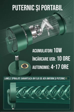 Ventilator cu picior reglabil pe inaltime, Ideas4Comfort, rotativ, portabil, telecomanda, reincarcabil USB, acumulatori 10000mAh, cu talpa rotunda, verde - RESIGILAT [10]