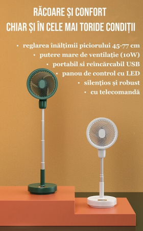 Ventilator cu picior reglabil pe inaltime, Ideas4Comfort, rotativ, portabil, telecomanda, reincarcabil USB, acumulatori 10000mAh, cu talpa rotunda, verde - RESIGILAT [2]