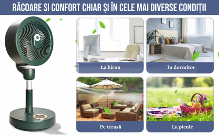 Ventilator cu picior reglabil pe inaltime, Ideas4Comfort, rotativ, portabil, telecomanda, reincarcabil USB, acumulatori 10000mAh, cu talpa rotunda, verde - RESIGILAT [7]