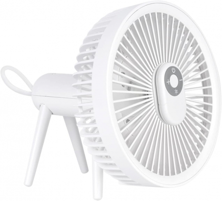 Ventilatoare - Ventilator cu trepied si carlig-suport rotativ, portabil, telVentilator portabil cu telecomanda si lampa LED, reincarcabil USB, 4 viteze, putere 8W, acumulatori 4000mAh, pentru birou, dormitor, terasa