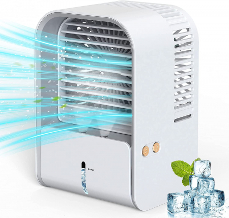 Ventilatoare - Ventilator cu umidificare portabil Ideas4Comfort, reincarcabil USB, 3 viteze, 2 moduri pulverizare, rezervor apa 330 ml, 6.5 W, autonomie 6 ore (alb/verde)