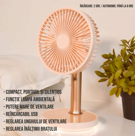 Ventilator portabil pentru birou, 5 W, acumulator 2000 mAh, brat extensibil, reincarcabil USB, alb [14]